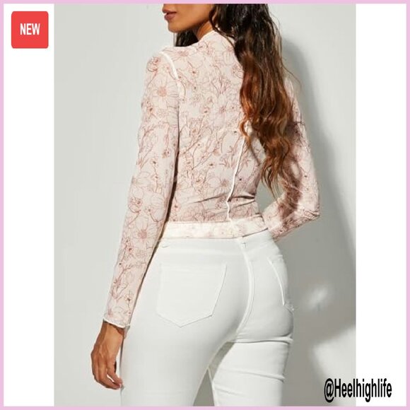 Sheer Floral Long Sleeve Layering Top Ruffled Mock Neck Blouse - Picture 4 of 7